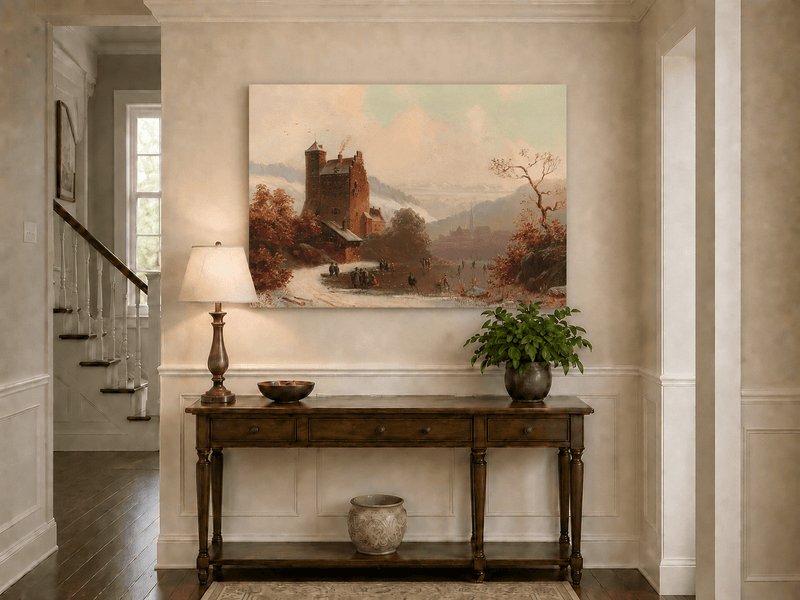 Peinture à l'huile de paysage - Gouffre rocheux spectaculaire avec personnages