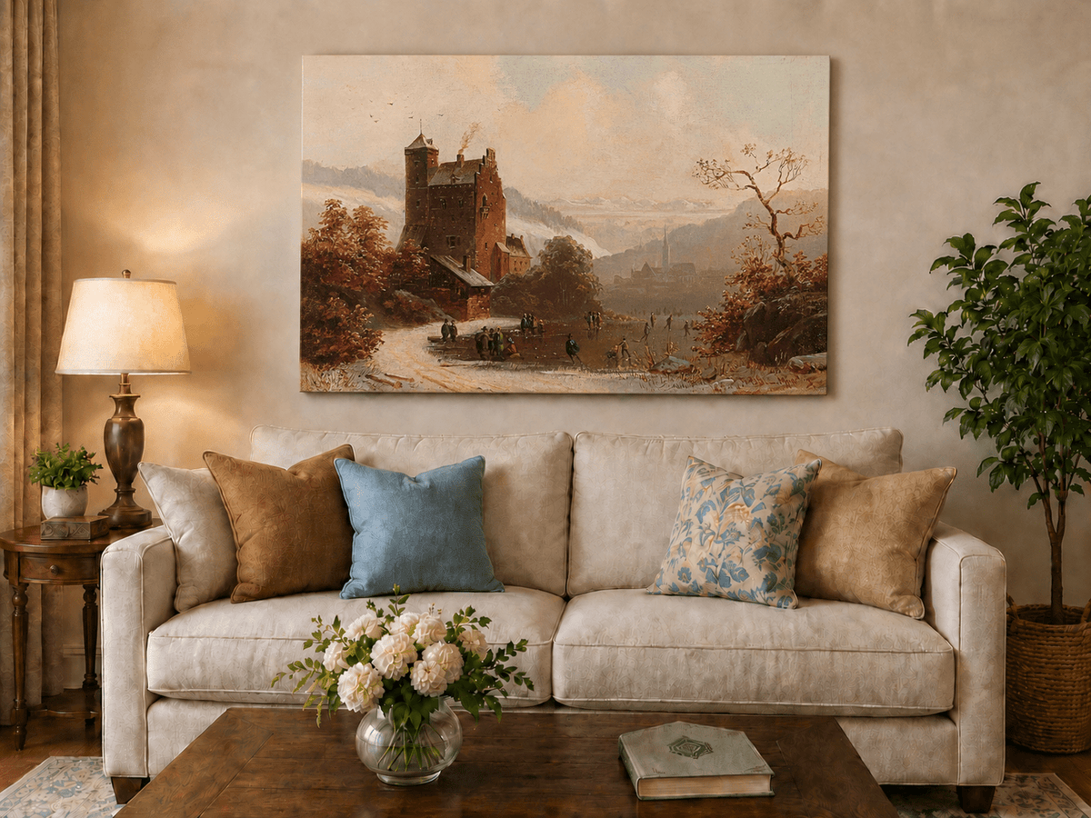 Peinture à l'huile de paysage - Gouffre rocheux spectaculaire avec personnages