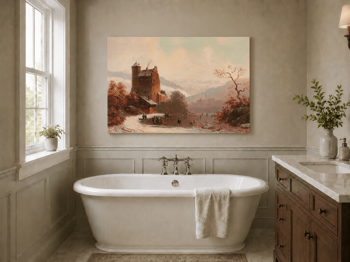 Peinture à l'huile de paysage - Gouffre rocheux spectaculaire avec personnages