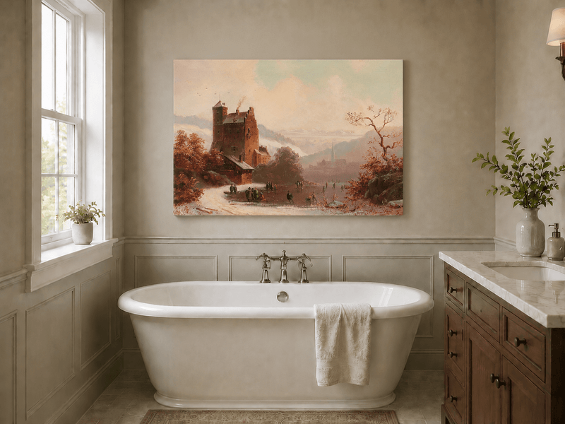Peinture à l'huile de paysage - Gouffre rocheux spectaculaire avec personnages