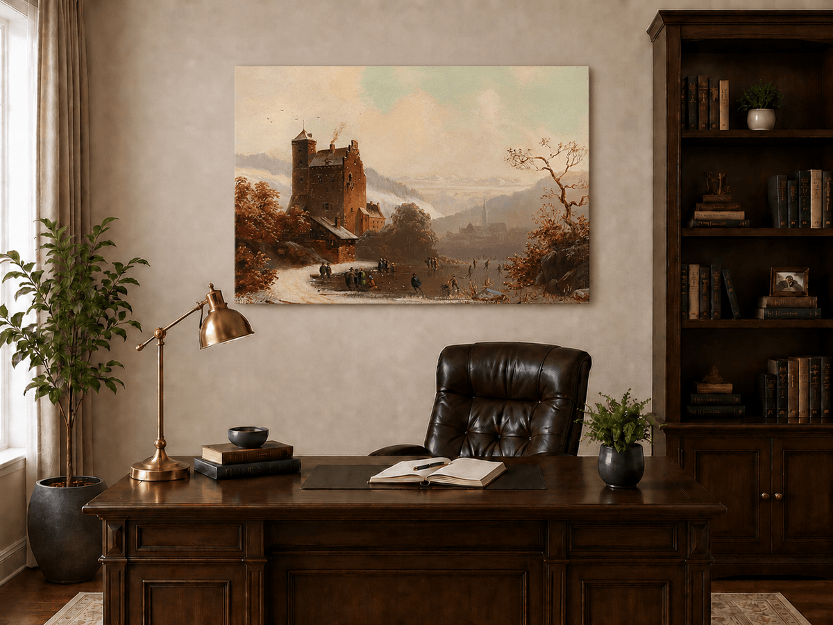 Peinture à l'huile de paysage - Gouffre rocheux spectaculaire avec personnages