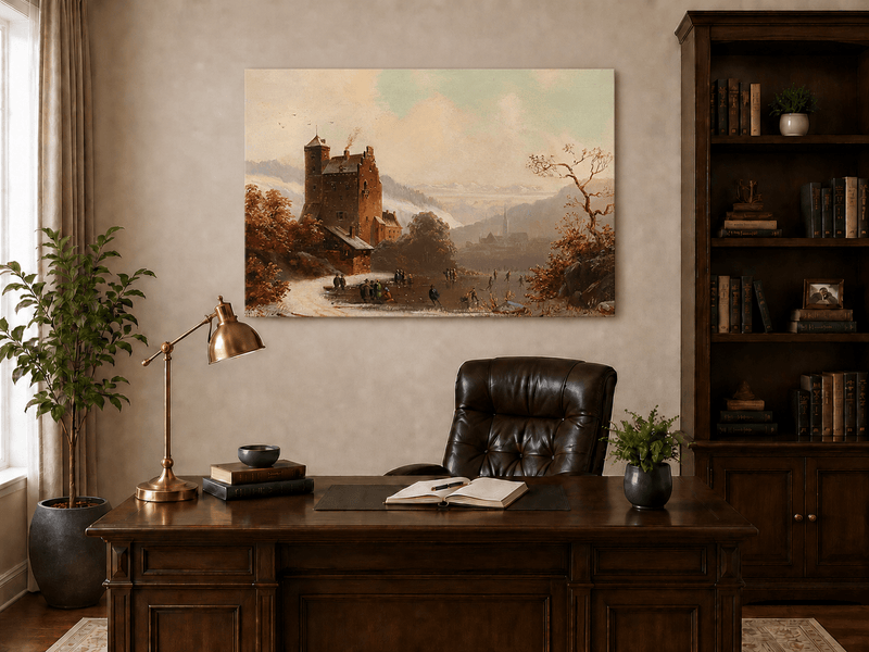 Peinture à l'huile de paysage - Gouffre rocheux spectaculaire avec personnages