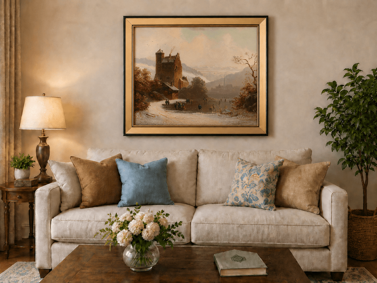 Peinture à l'huile de paysage - Gouffre rocheux spectaculaire avec personnages