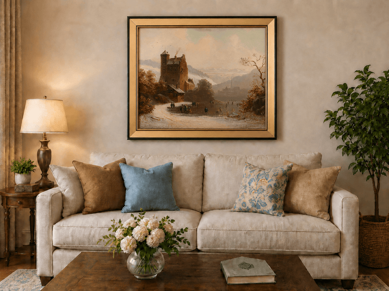Peinture à l'huile de paysage - Gouffre rocheux spectaculaire avec personnages