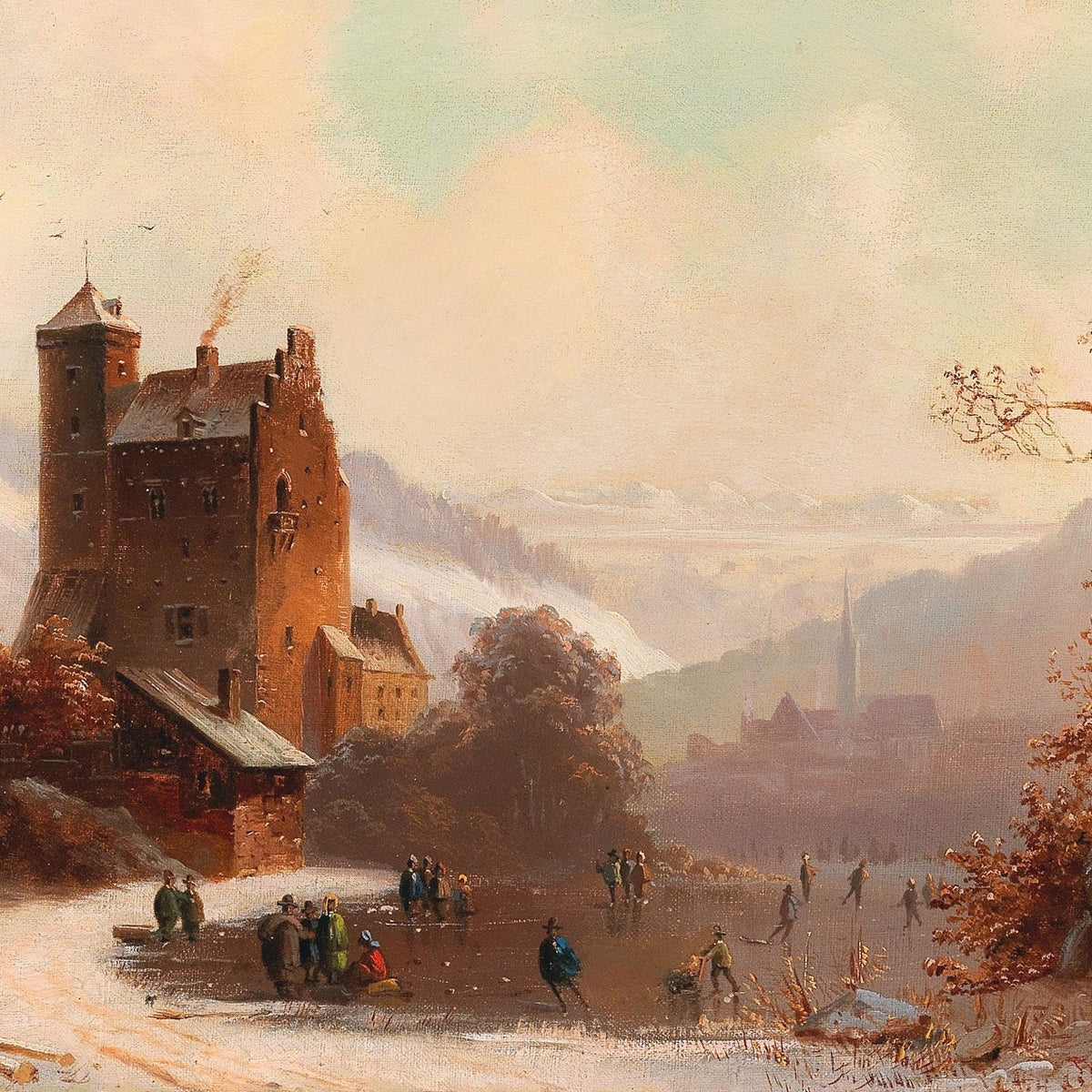 Hand-painted snowy tyrol castle with ice skaters landscape oil painting on canvas
