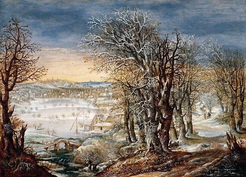 Hand-painted snowy village and frosted trees landscape oil painting on canvas