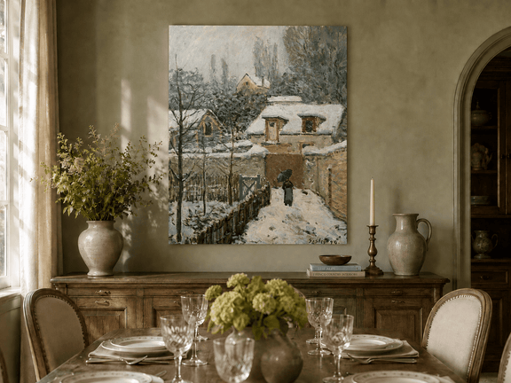 Hand-painted winter village path landscape artwork in an interior display.