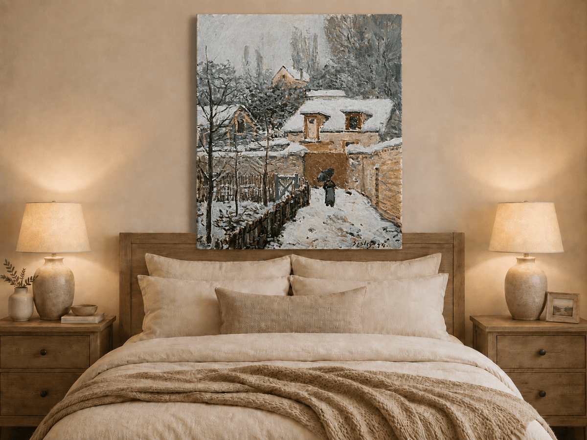 Louveciennes snowy village oil painting displayed as landscape wall decor.