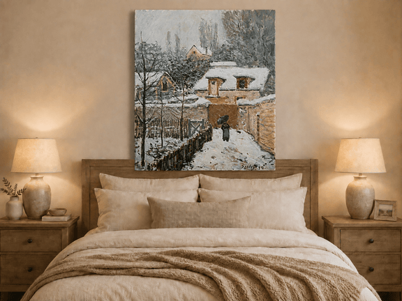 Louveciennes snowy village oil painting displayed as landscape wall decor.