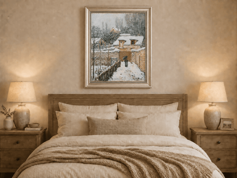 Hand-painted snowy village path at Louveciennes displayed as decorative wall art.