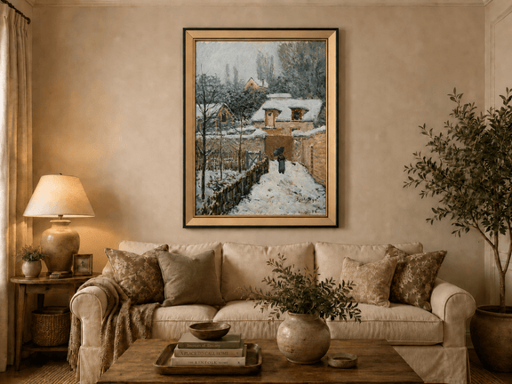 Snowy village path at Louveciennes landscape oil painting displayed in a styled home interior.