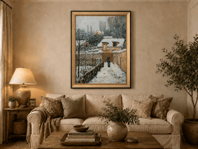 Snowy village path at Louveciennes landscape oil painting displayed in a styled home interior.