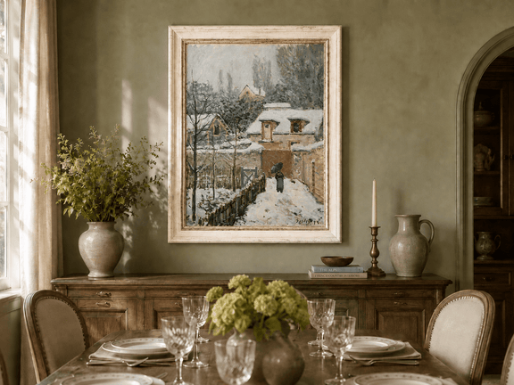 Snowy Louveciennes village oil landscape artwork shown in a styled home interior.