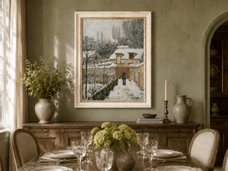 Snowy Louveciennes village oil landscape artwork shown in a styled home interior.