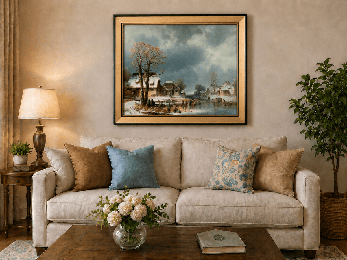 Peinture à l'huile de paysage - Gouffre rocheux spectaculaire avec personnages