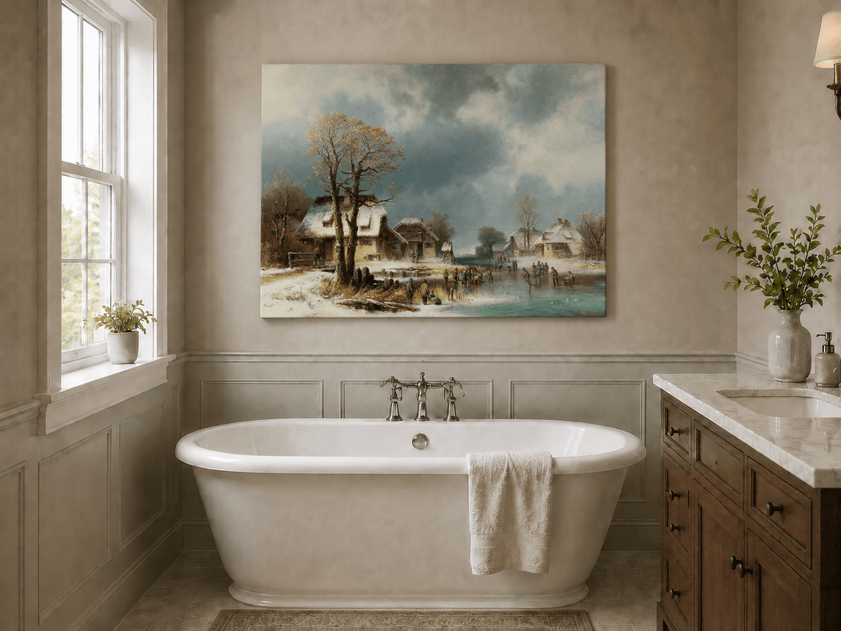 Peinture à l'huile de paysage - Gouffre rocheux spectaculaire avec personnages