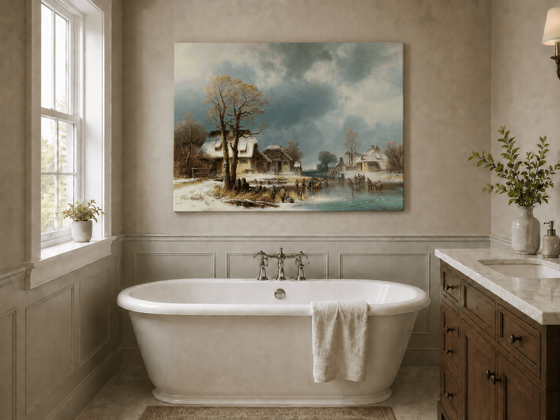 Peinture à l'huile de paysage - Gouffre rocheux spectaculaire avec personnages