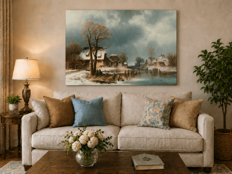 Peinture à l'huile de paysage - Gouffre rocheux spectaculaire avec personnages