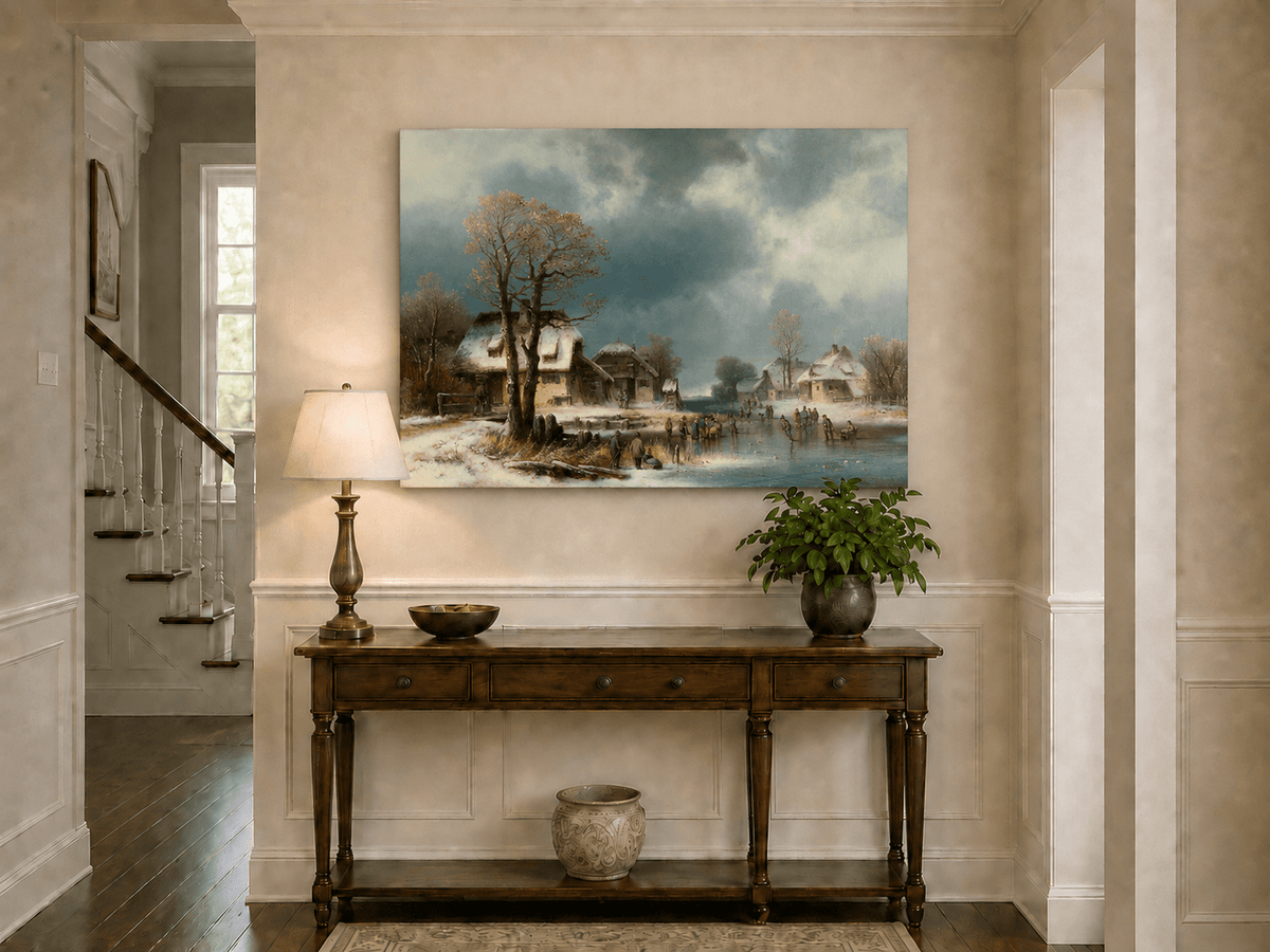 Peinture à l'huile de paysage - Gouffre rocheux spectaculaire avec personnages