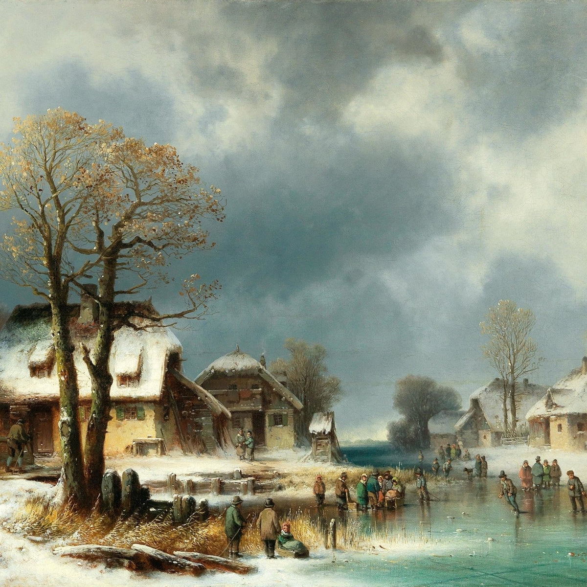 Hand-painted snowy village pond with winter skaters landscape oil painting on canvas