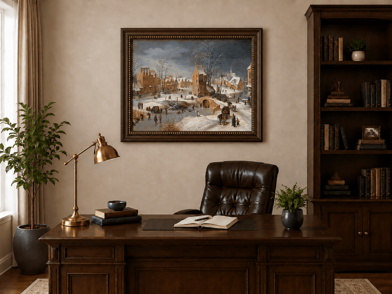 Landscape Oil Painting - Snowy Village Scene with Winter Skaters