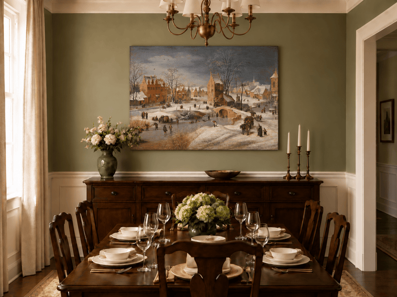 Landscape Oil Painting - Snowy Village Scene with Winter Skaters