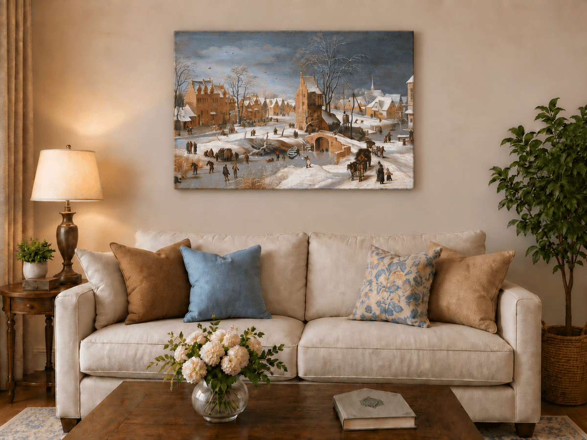 Landscape Oil Painting - Snowy Village Scene with Winter Skaters