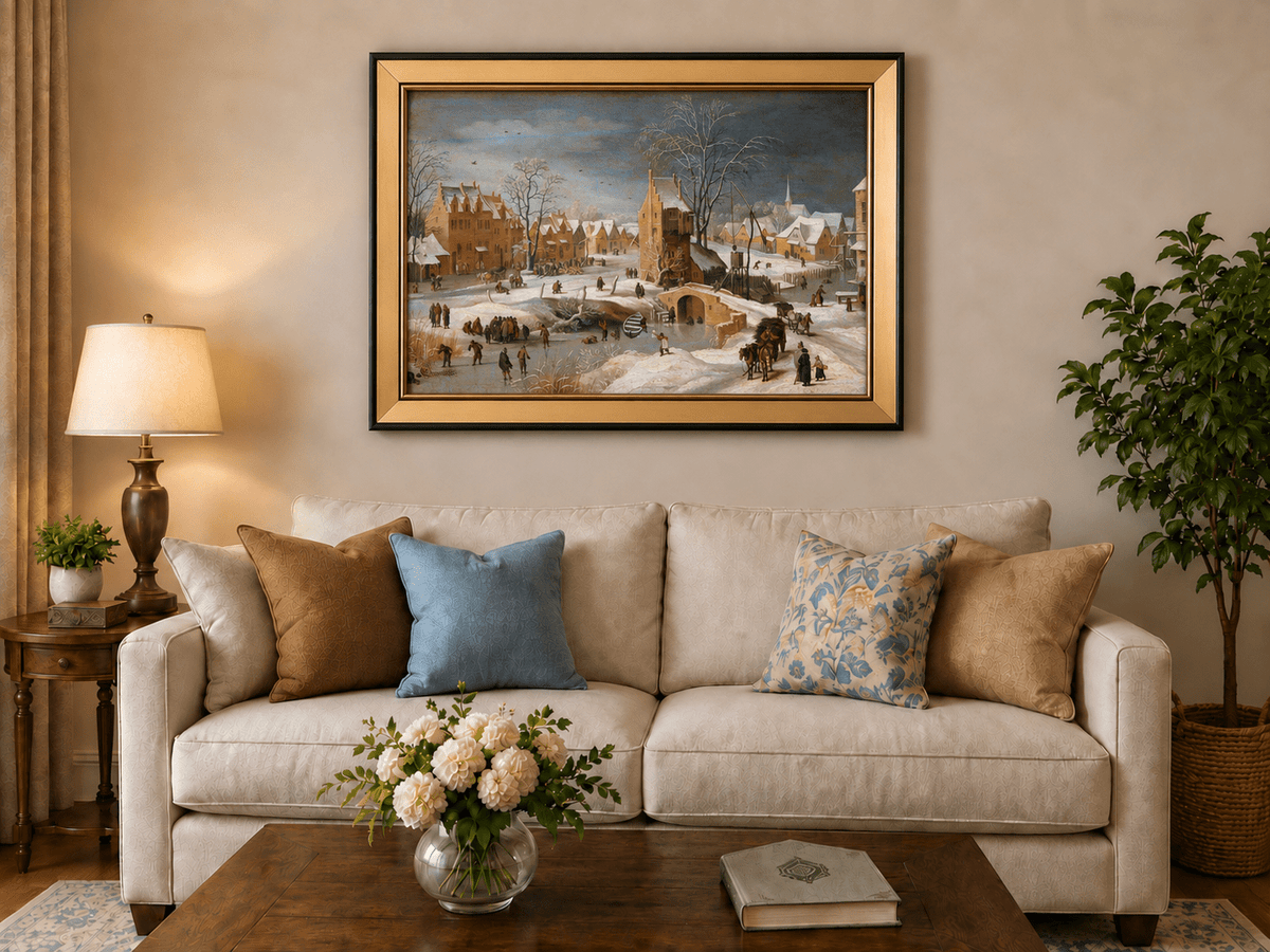 Landscape Oil Painting - Snowy Village Scene with Winter Skaters