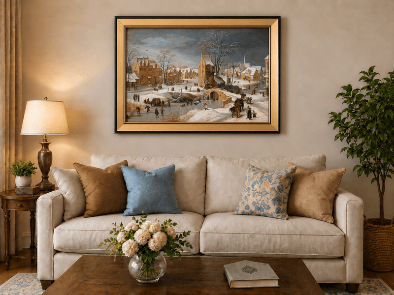 Landscape Oil Painting - Snowy Village Scene with Winter Skaters