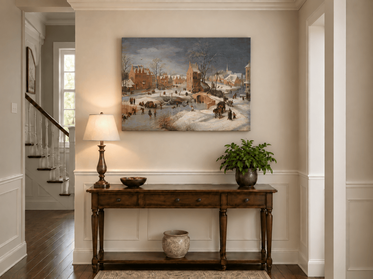 Landscape Oil Painting - Snowy Village Scene with Winter Skaters