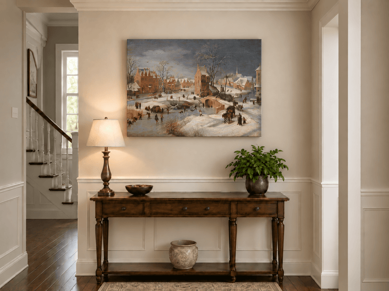 Landscape Oil Painting - Snowy Village Scene with Winter Skaters