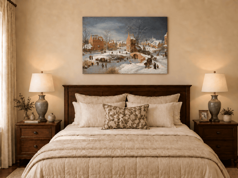 Landscape Oil Painting - Snowy Village Scene with Winter Skaters