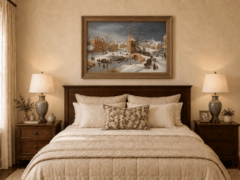 Landscape Oil Painting - Snowy Village Scene with Winter Skaters