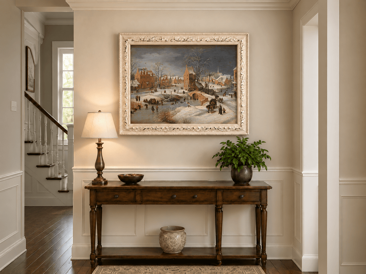 Landscape Oil Painting - Snowy Village Scene with Winter Skaters
