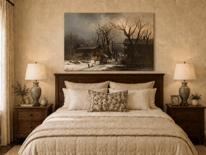 Landscape Oil Painting - Snowy Village with Bare Winter Trees