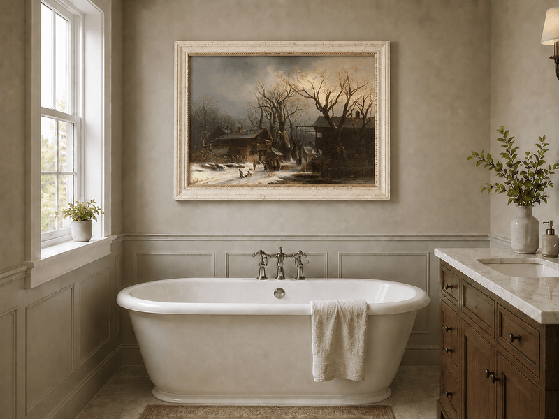 Landscape Oil Painting - Snowy Village with Bare Winter Trees