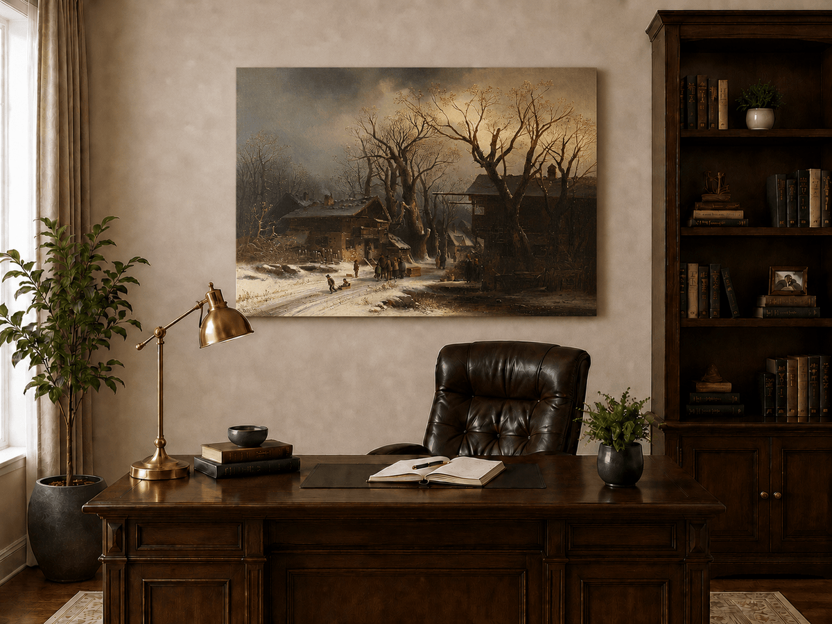 Landscape Oil Painting - Snowy Village with Bare Winter Trees