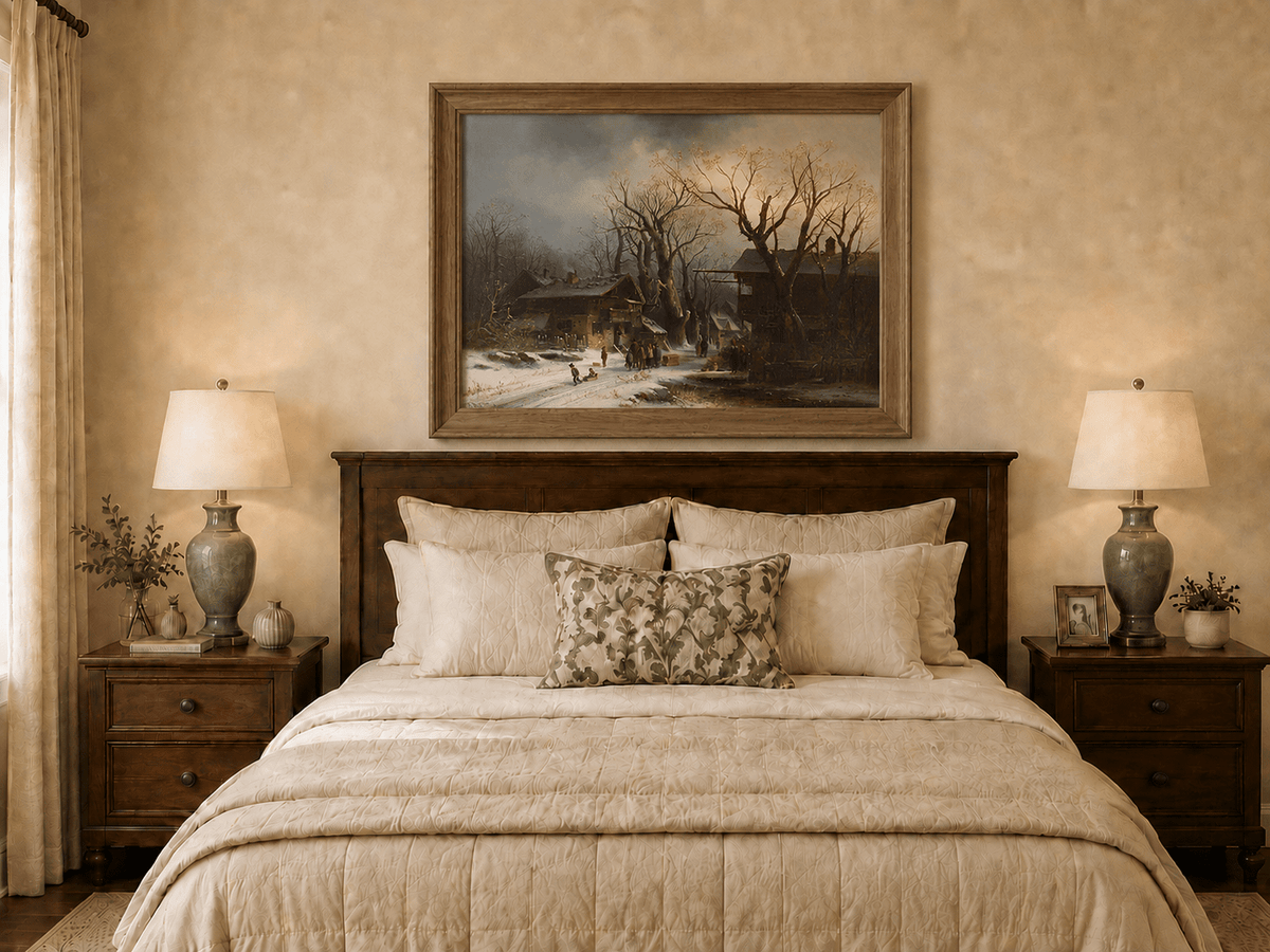Landscape Oil Painting - Snowy Village with Bare Winter Trees