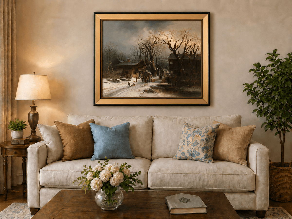 Landscape Oil Painting - Snowy Village with Bare Winter Trees