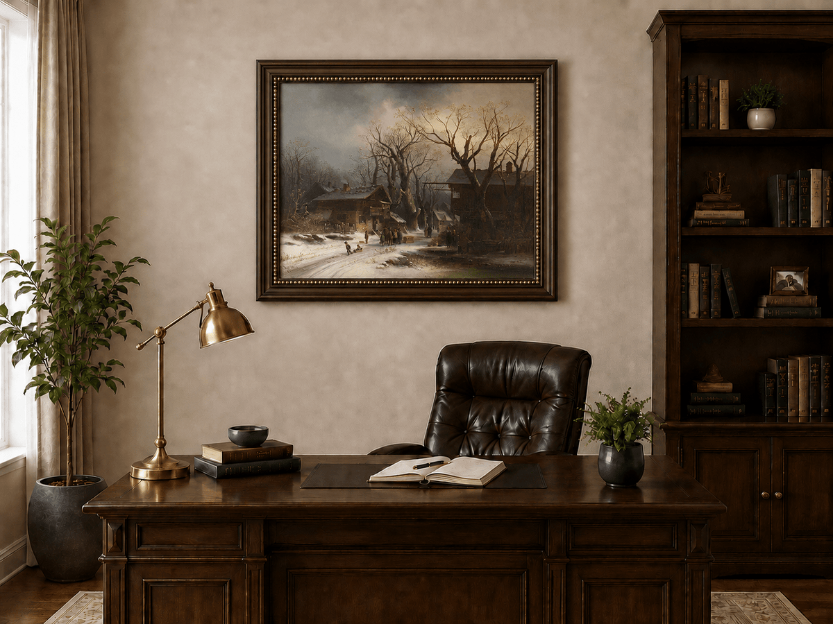 Landscape Oil Painting - Snowy Village with Bare Winter Trees