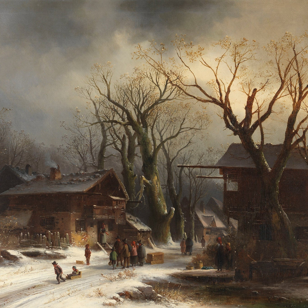Hand-painted snowy village with bare winter trees landscape oil painting on canvas