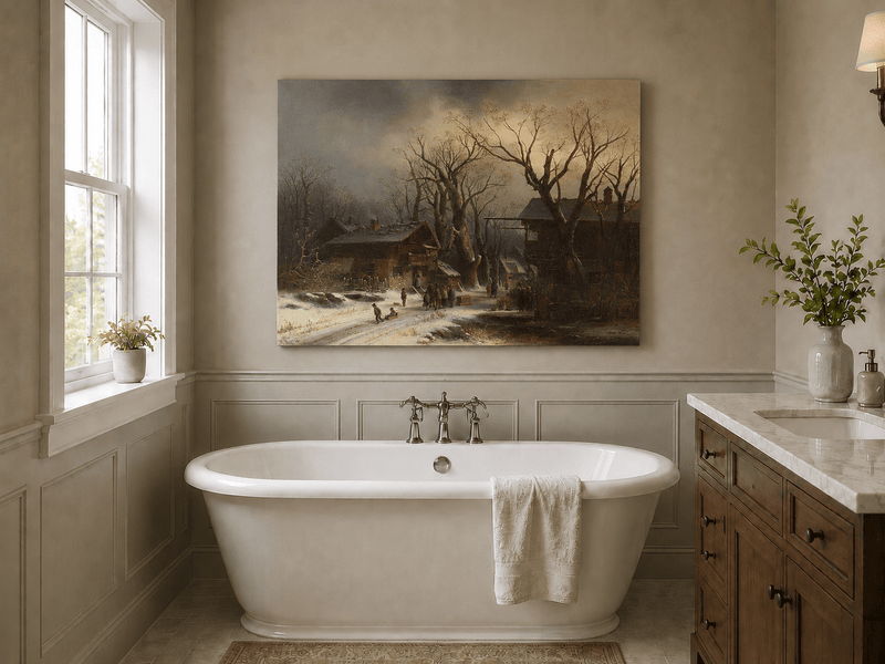 Landscape Oil Painting - Snowy Village with Bare Winter Trees