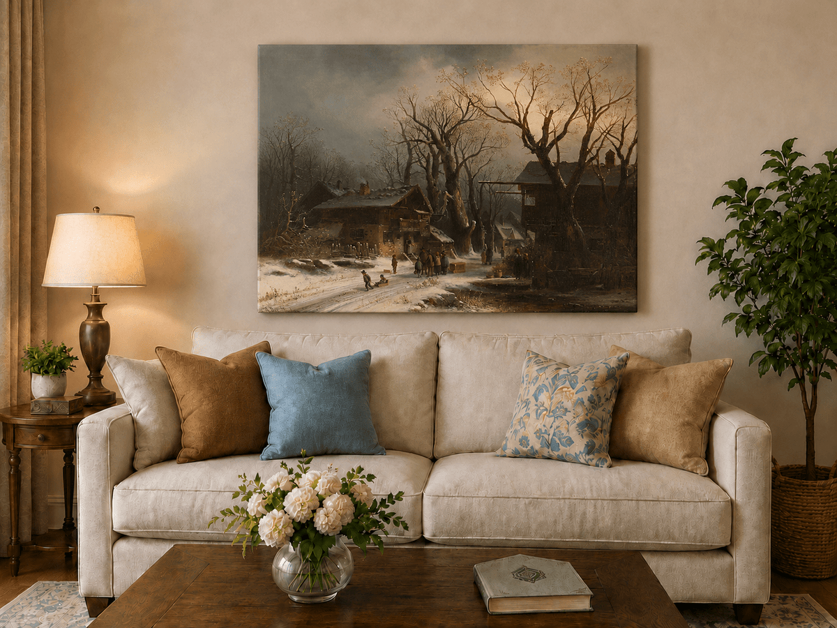 Landscape Oil Painting - Snowy Village with Bare Winter Trees