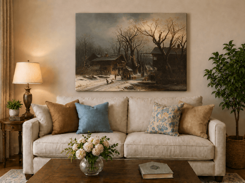 Landscape Oil Painting - Snowy Village with Bare Winter Trees