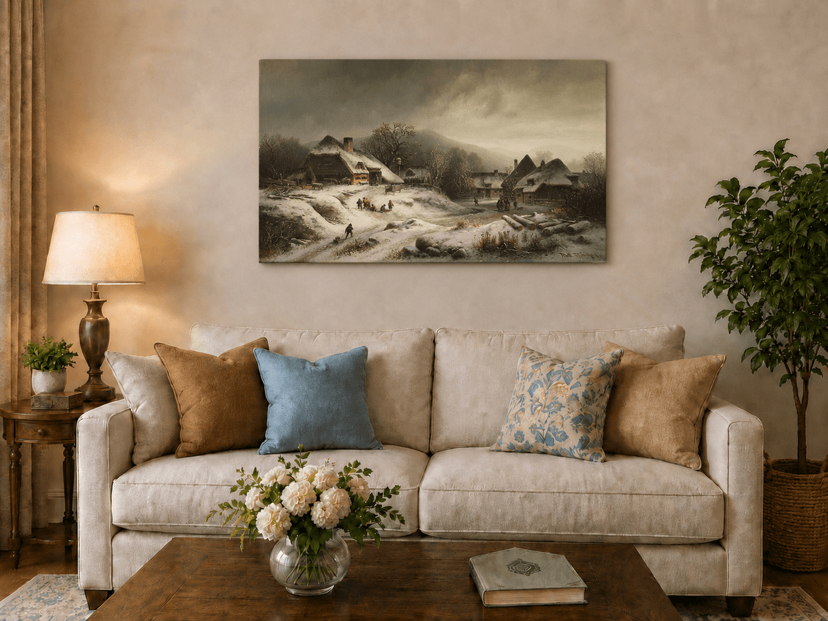 Landscape Oil Painting - Snowy Village with Children at Play