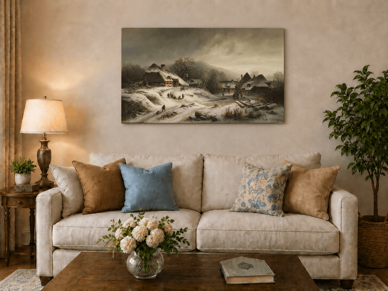 Landscape Oil Painting - Snowy Village with Children at Play