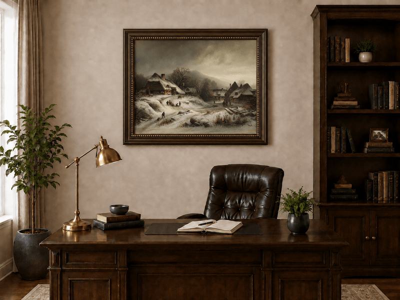 Landscape Oil Painting - Snowy Village with Children at Play