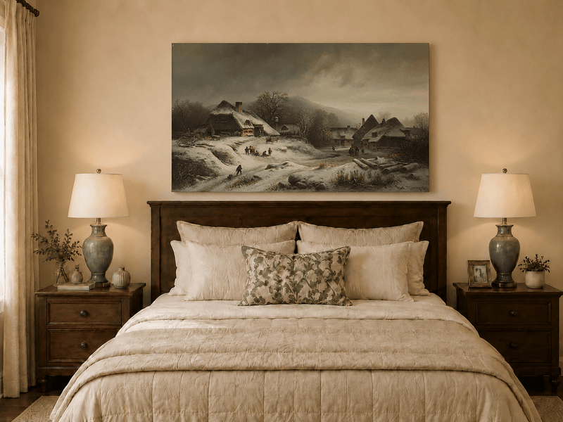 Landscape Oil Painting - Snowy Village with Children at Play