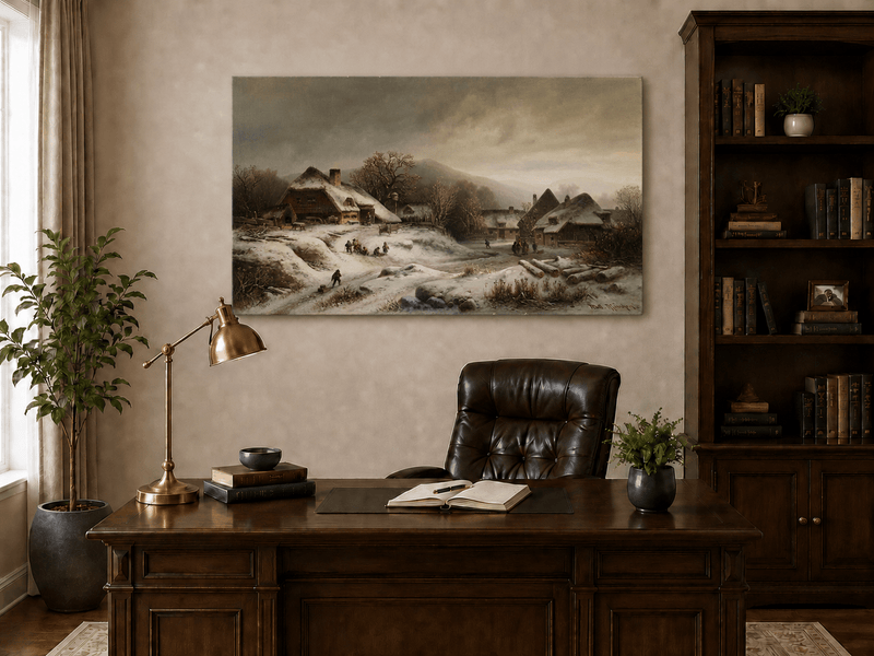 Landscape Oil Painting - Snowy Village with Children at Play