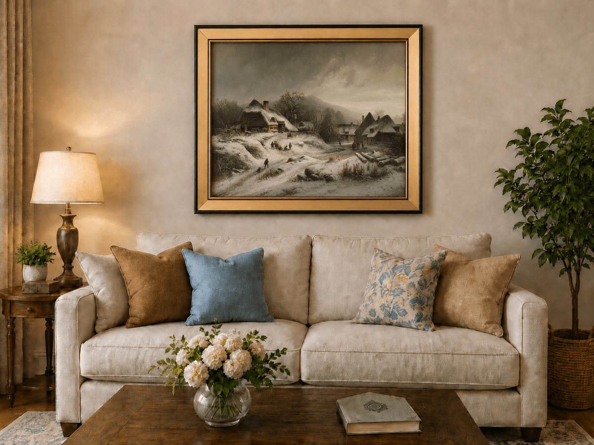 Landscape Oil Painting - Snowy Village with Children at Play
